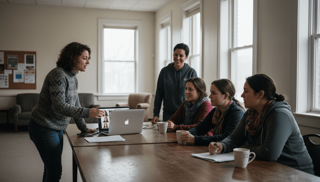 Women gathered around a laptop in a bright room during a live webinar