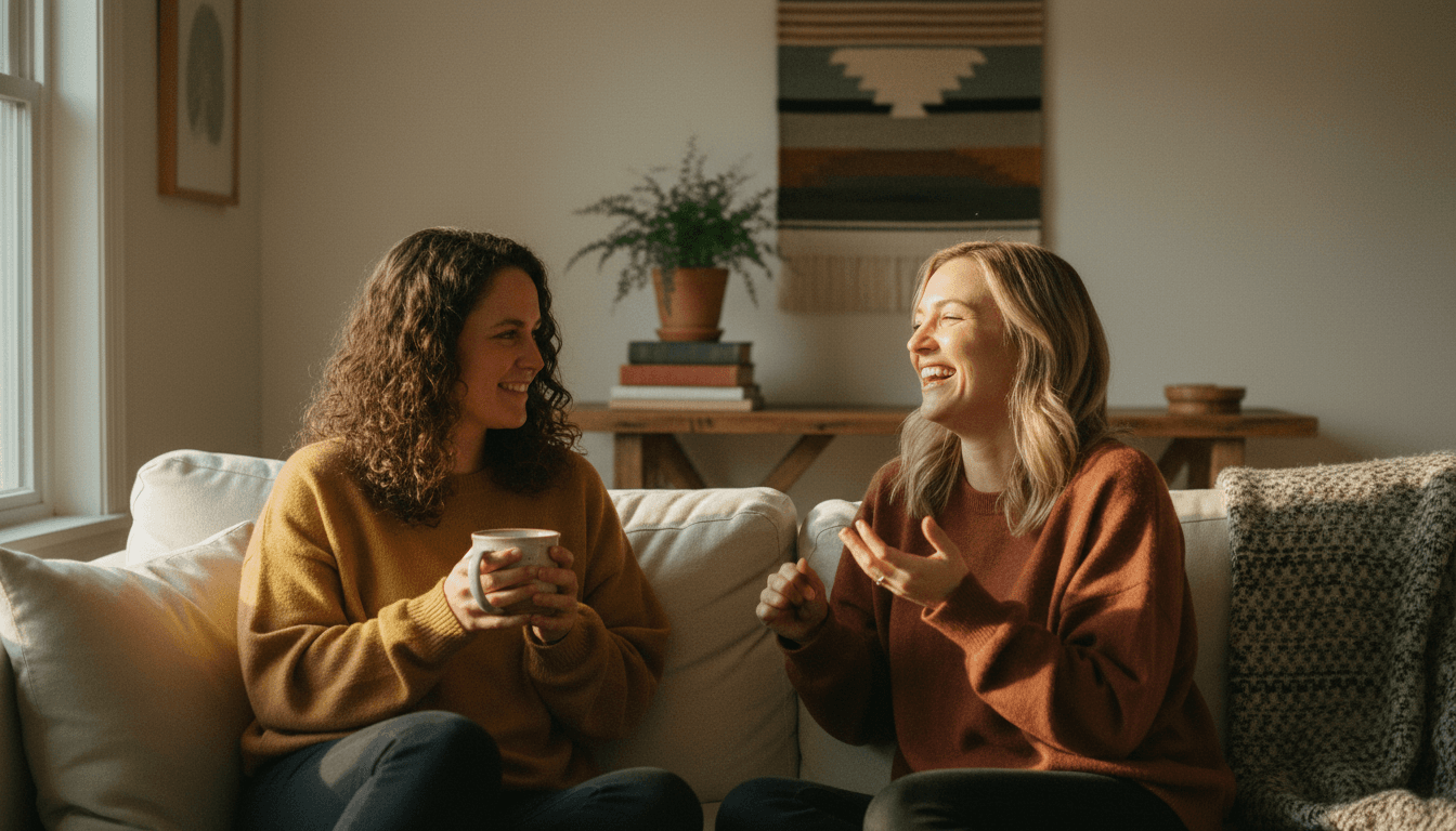 Two women having a warm conversation on a sofa in a bright living room