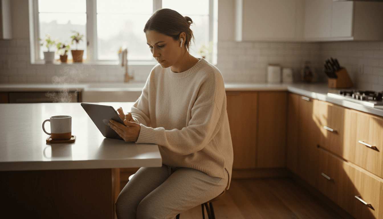 Woman sitting in a kitchen listening to earbuds and looking at a tablet