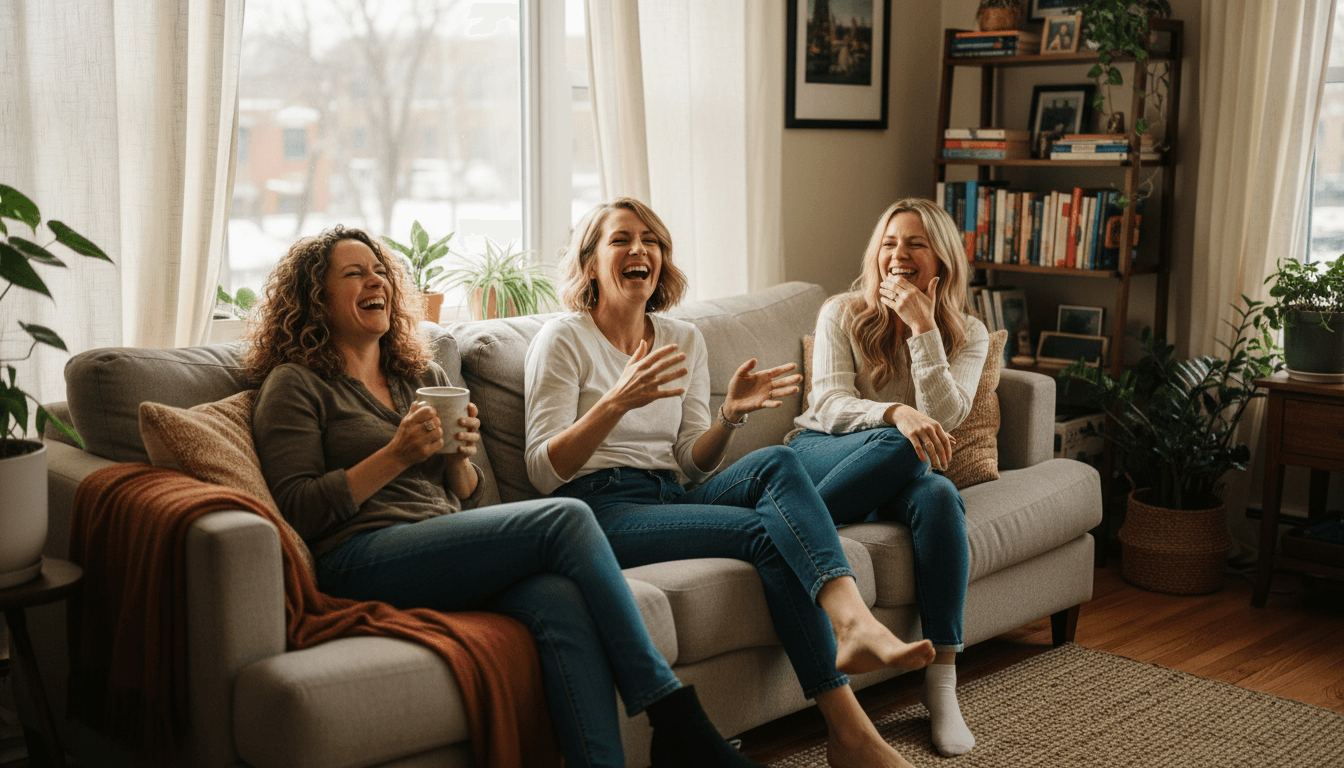 Three women in their 40s laughing together on a sunlit couch in a cozy living room